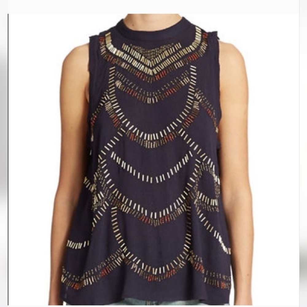 Free People Navy Embellished Blouse